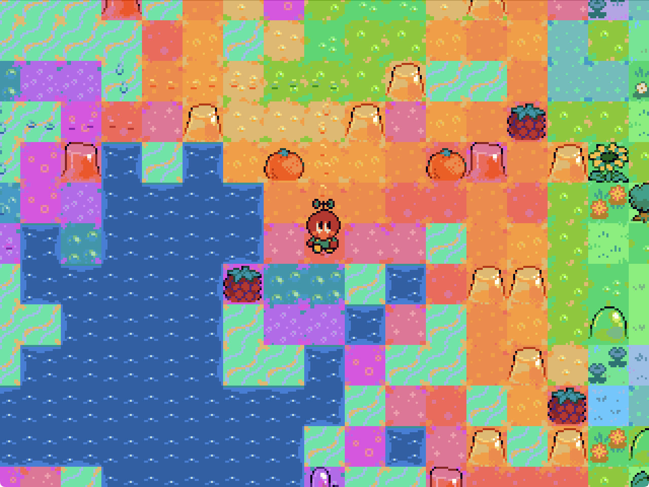 Screenshot from Formless Star: The player character, who has an apple-like head, stands in the middle of the screen surrounded by fruit and gummy land tiles, some flower and grass land tiles, and some water tiles