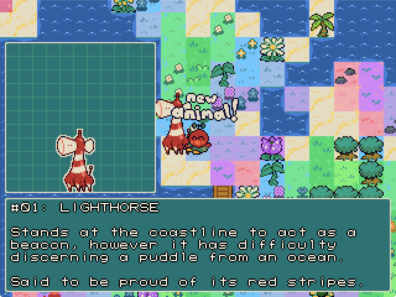 Screenshot from Formless Star: The player stands next to a long necked quadruped animal with white and red stripes and a head shaped like the top of a lighthouse. There is a UI encyclopedia menu that shows the animal on a grid and a text entry that reads: #01: Lighthorse - Stands at the coastline to act as a beacon, however it has difficulty discerning a puddle from an ocean. Said to be proud of its red stripes.