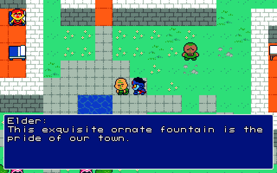 Screenshot from Franken. An old man named Elder stands next to a very simple pixel art water tile and says this exquisite ornate fountain is the pride of our town.