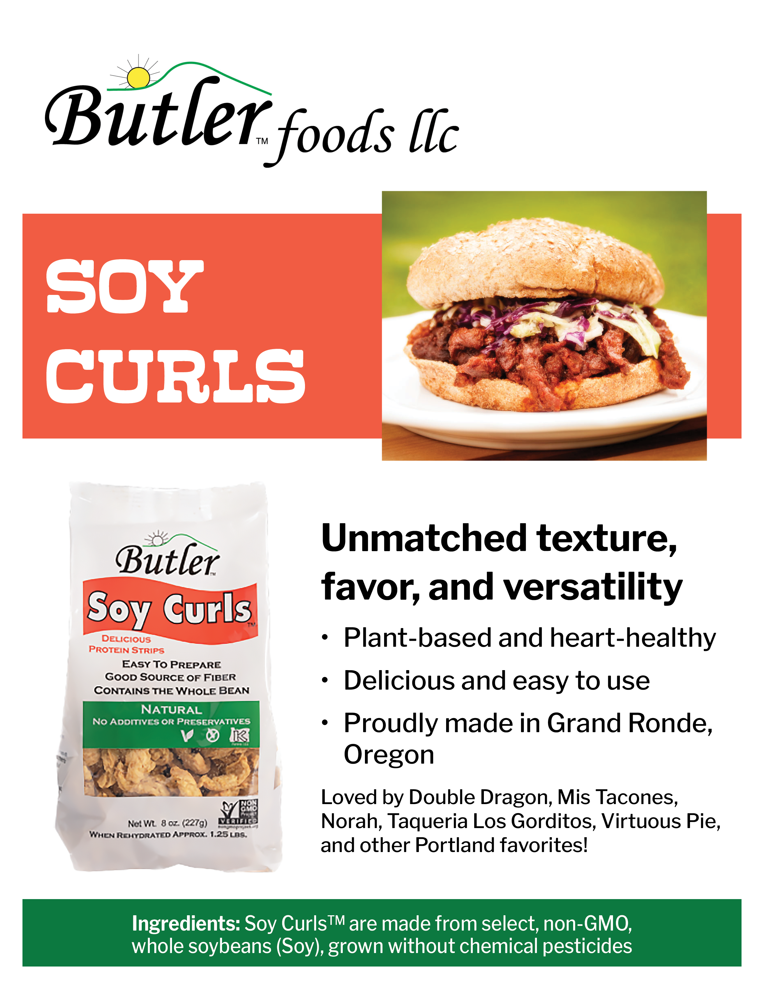 Spec sheet for Butler Soy Curls with a description, ingredients, container sizes, and other technical information.