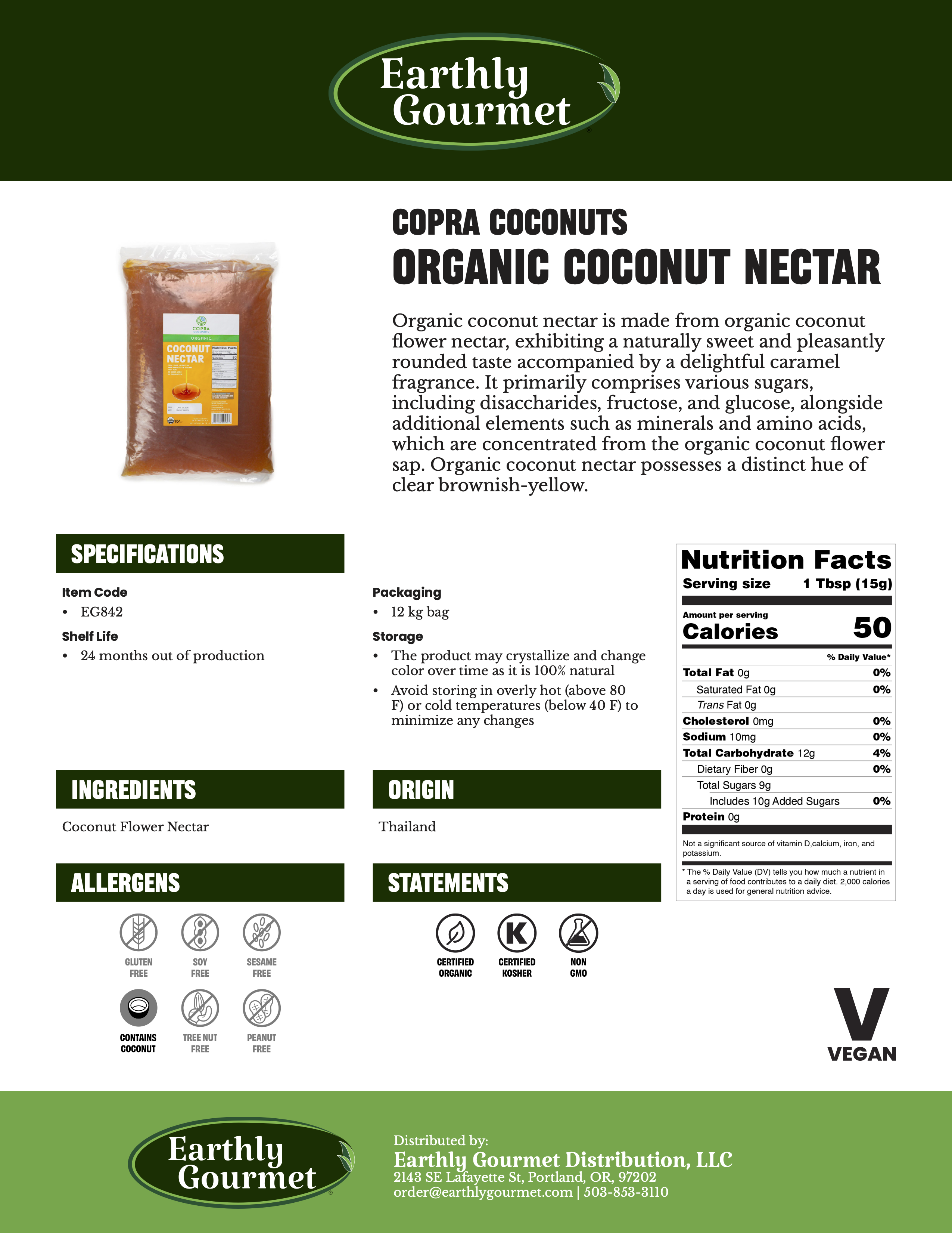Spec sheet for Copra Coconut Nectar with a description, ingredients, container sizes, and other technical information.