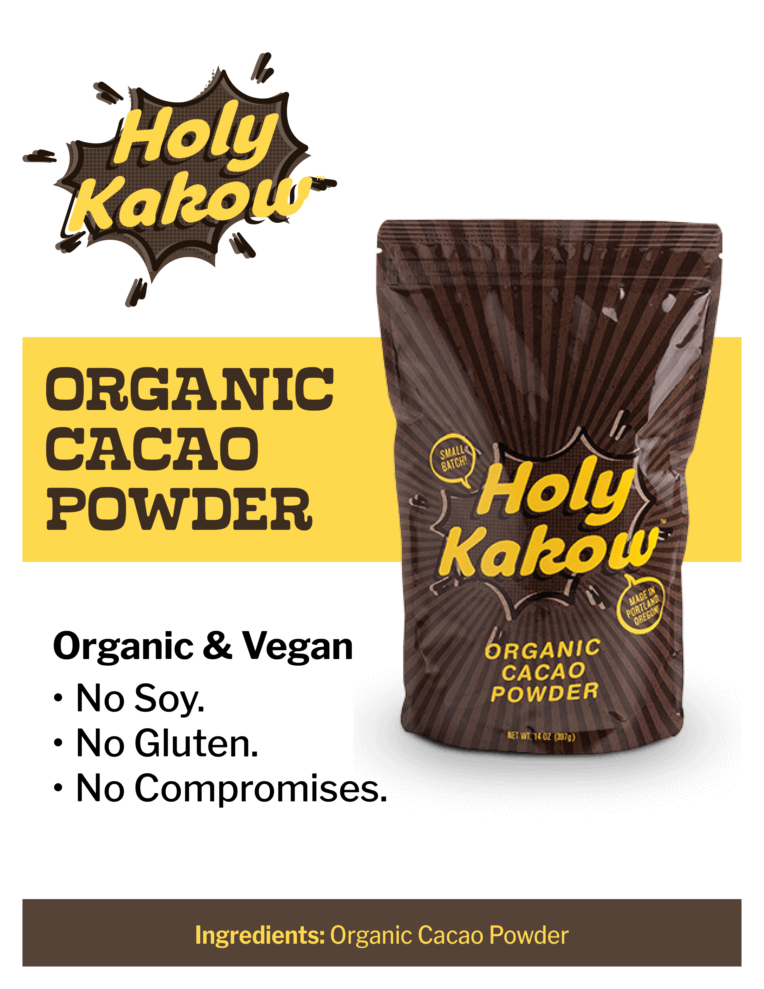 Spec sheet for Holy Kakow agave syrup with a description, ingredients, container sizes, and other technical information.