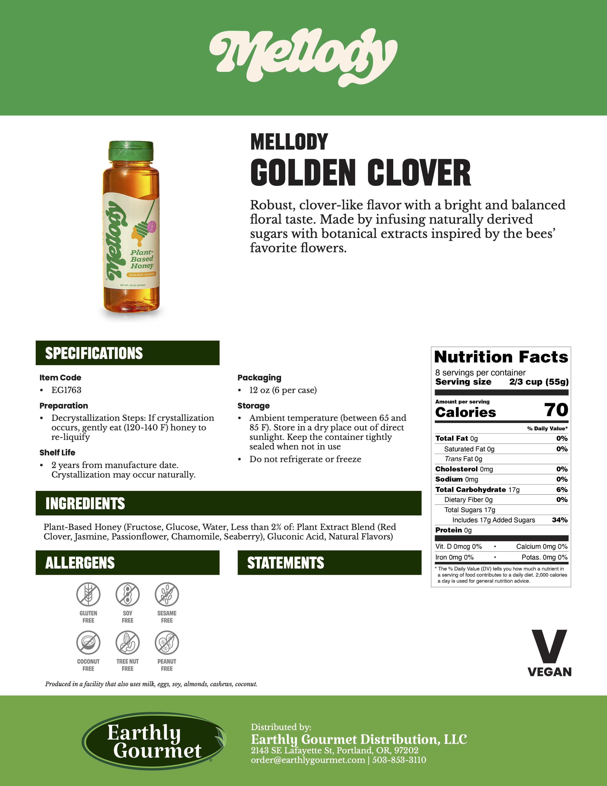 Spec sheet for Mellody Golden Clover syrup with a description, ingredients, container sizes, and other technical information.