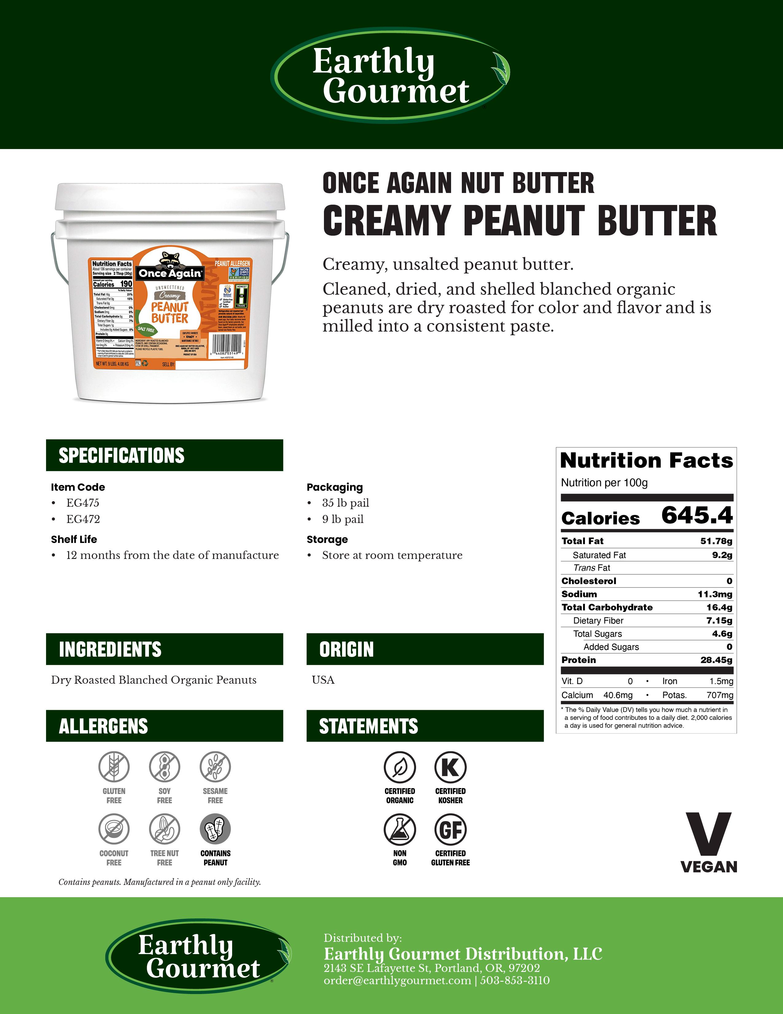 Spec sheet for Once Again Peanut Butter with a description, ingredients, container sizes, and other technical information.