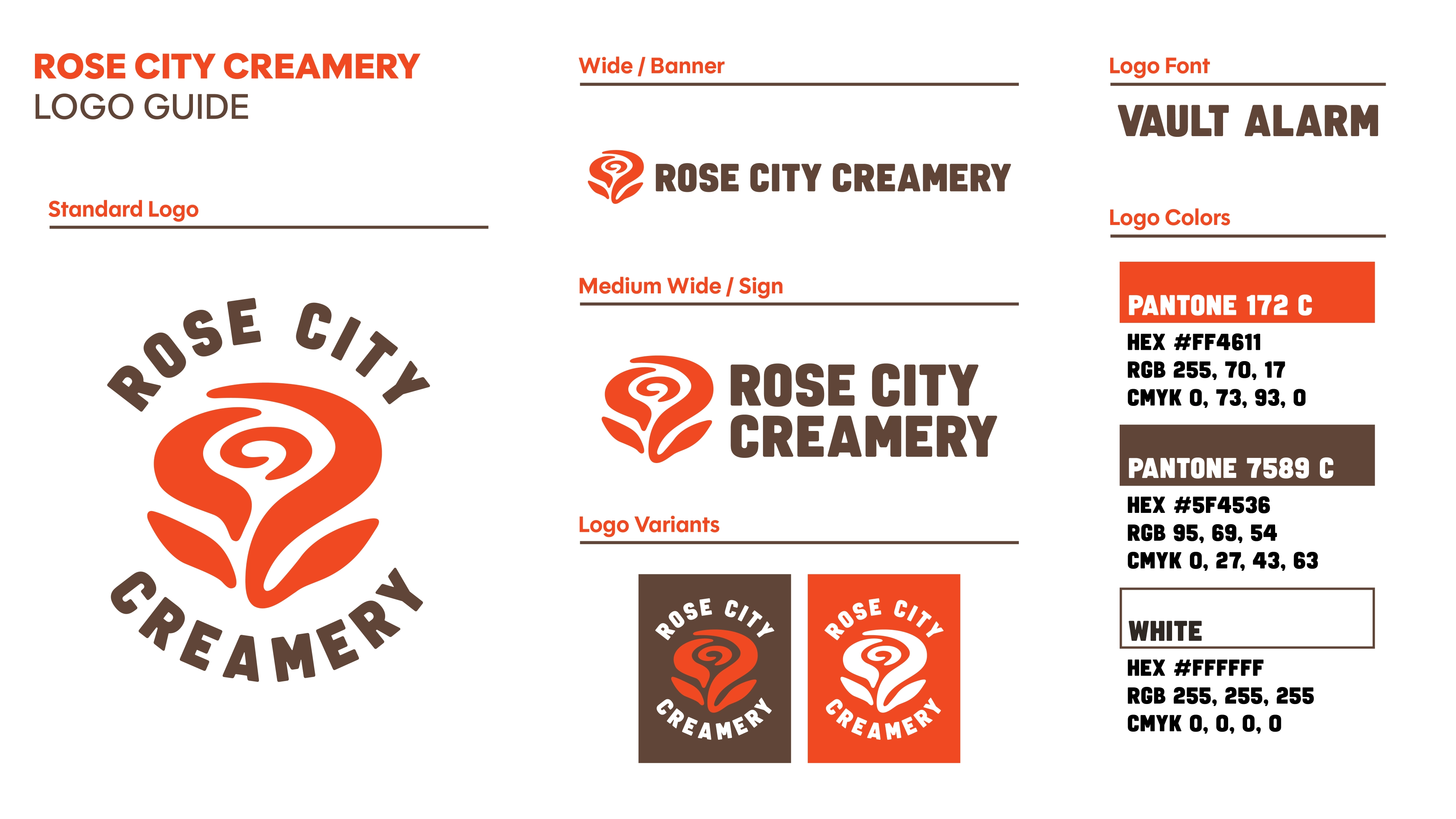 Logo guide for Rose City Creamery. The symbol is an abstract, swirly flower shape, and circling it are the words 'Rose City Creamery'. The document includes a wide format version of the logo as well as font and color information