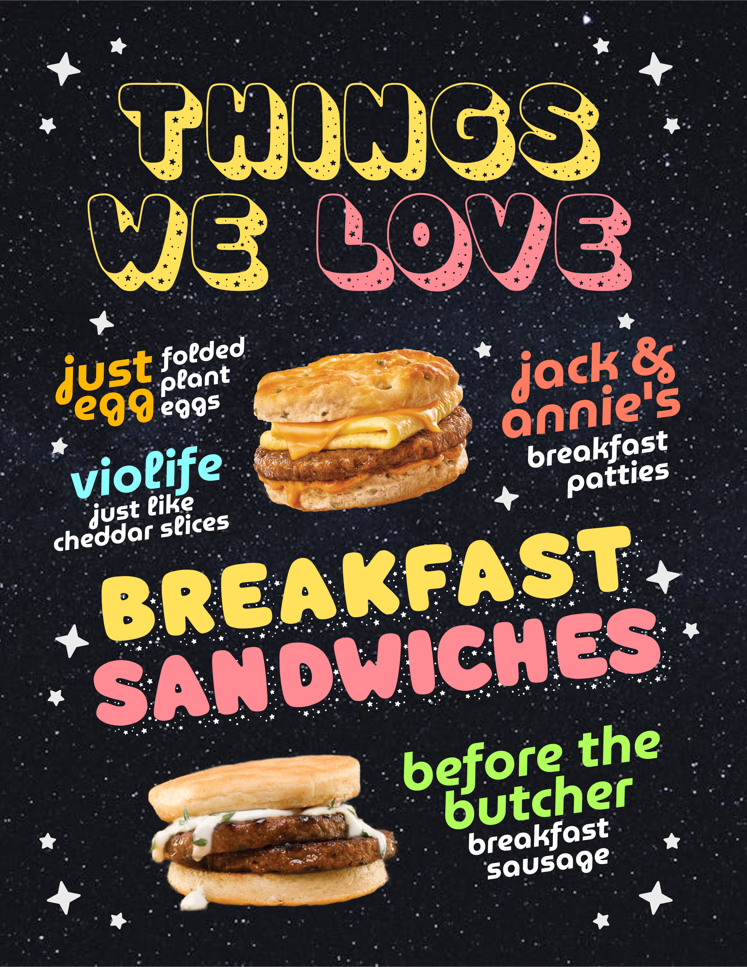 Social media graphic promoting vegan breakfast sandwich products like Just Egg folds, Violife cheese slices, and vegan sausages from Jack & Annie's and Before the Butcher