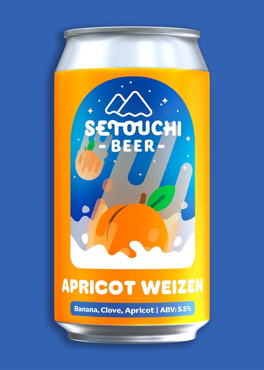 Apricot Weizen beer label: two apricots crashing into white foam like meteors