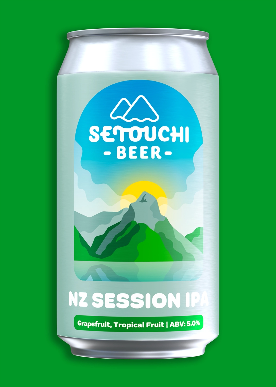 NZ Session beer label: A mountain covered in mooss in front of a rising sun