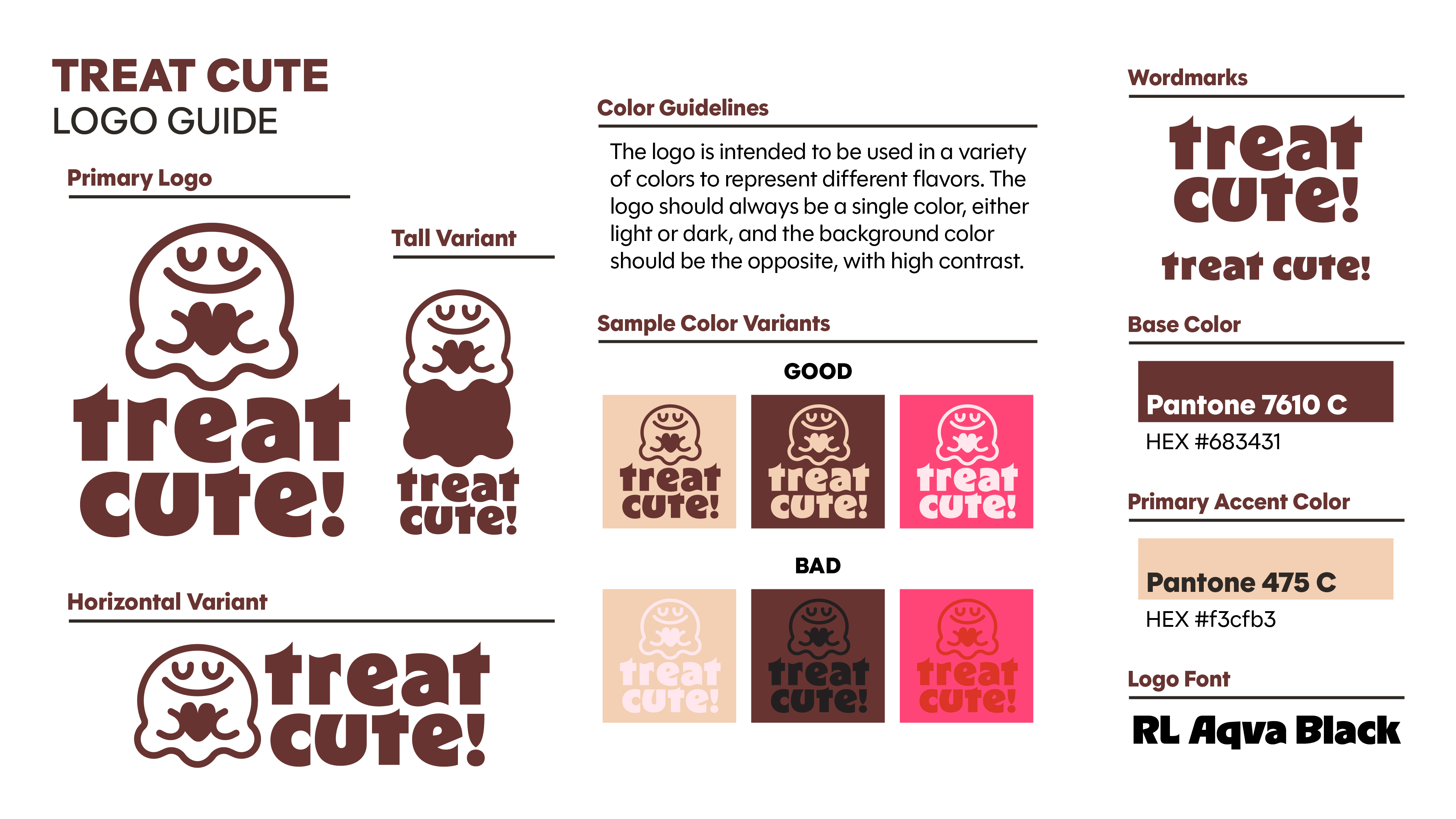 A guide for how to use the Treat Cute logo with variations and color guidelines.